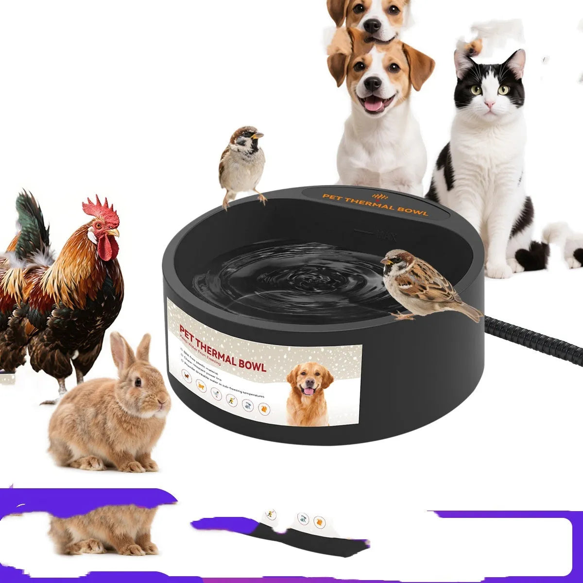 Black ABS plastic electric pet food warming bowl with a 2.2-litre capacity on a kitchen floor.