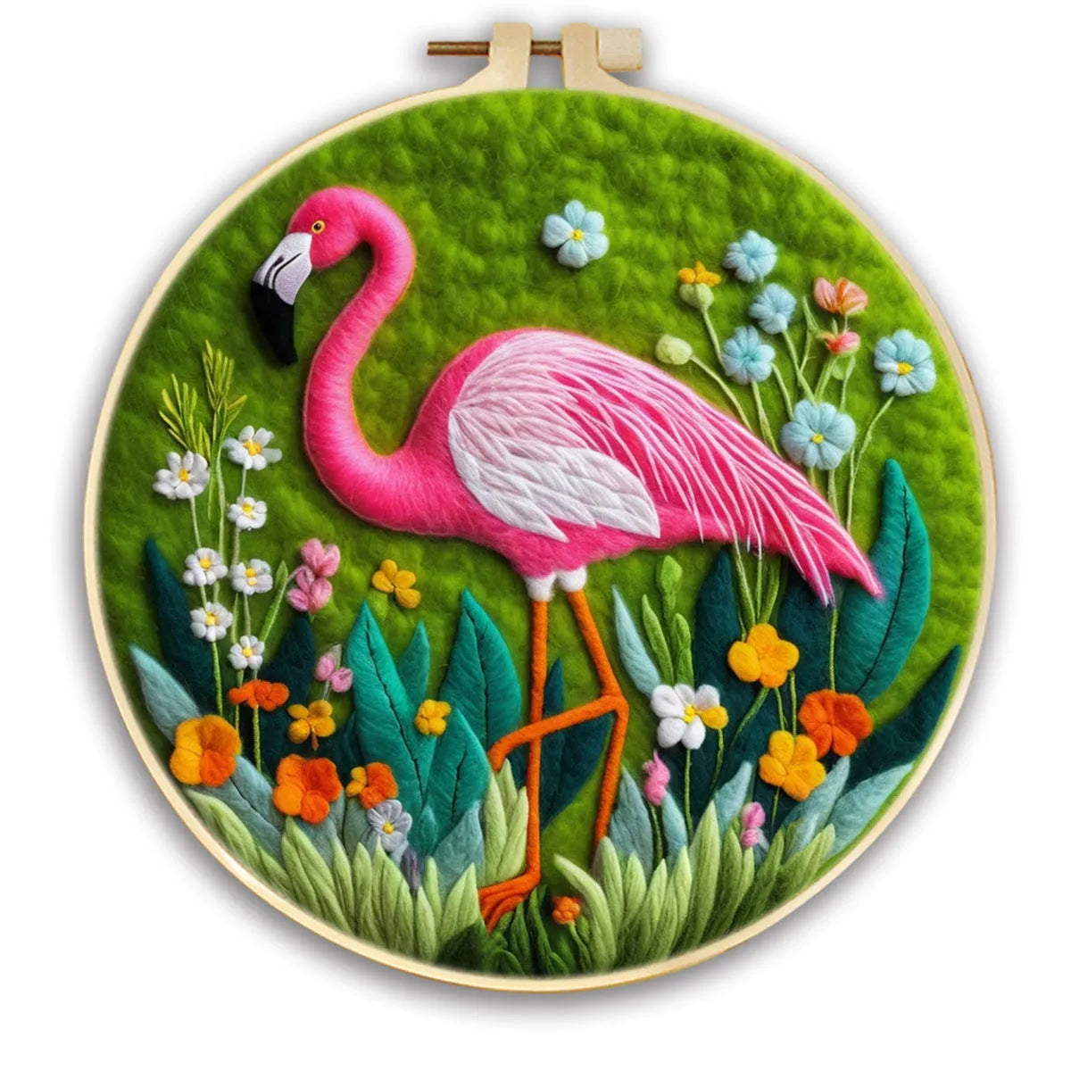 Round linen embroidery frame with wool felt floral decoration kit for three-dimensional wall art