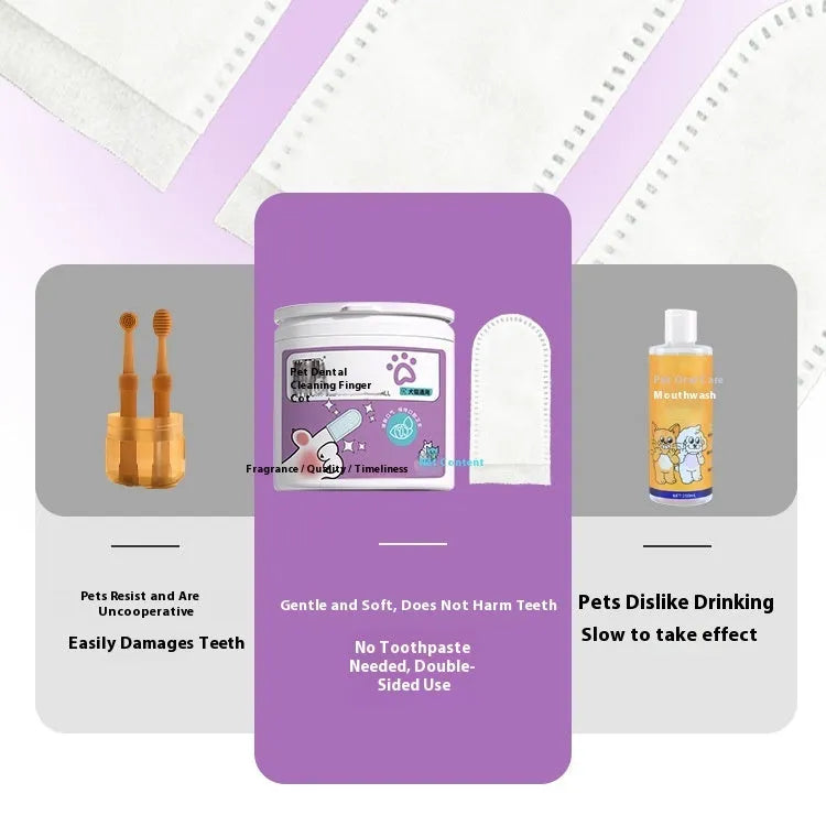 Open pack showing multiple beige non-woven fabric pet dental cleaning finger stalls or cots for cats and dogs.
