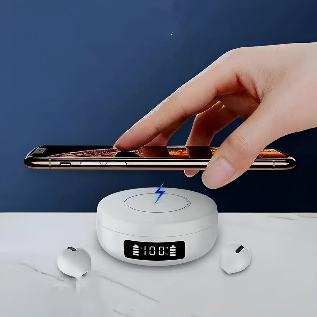 Black wireless semi-in-ear headphones nestled inside a compact white charging case with lid open.