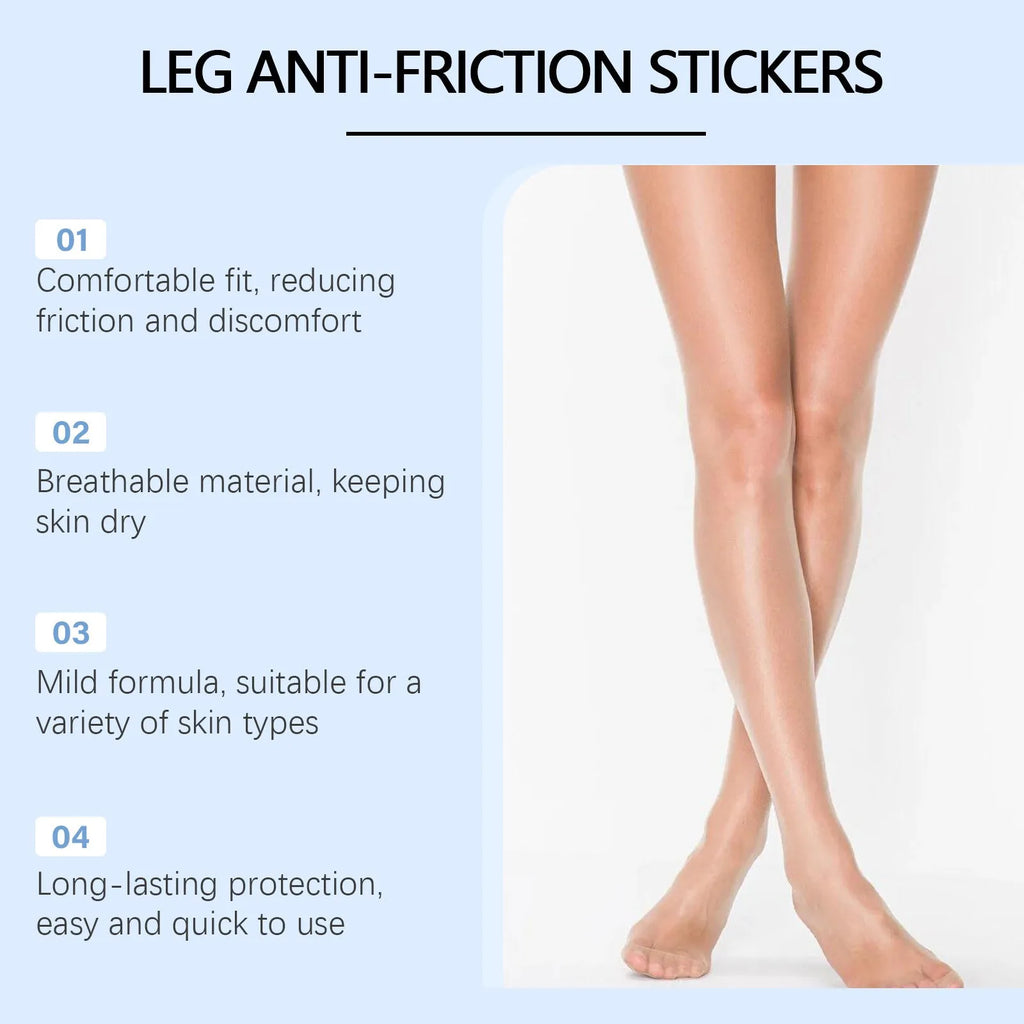 Pack of ten clear leg anti-wear patches on skin, showing gel-like texture for friction protection.