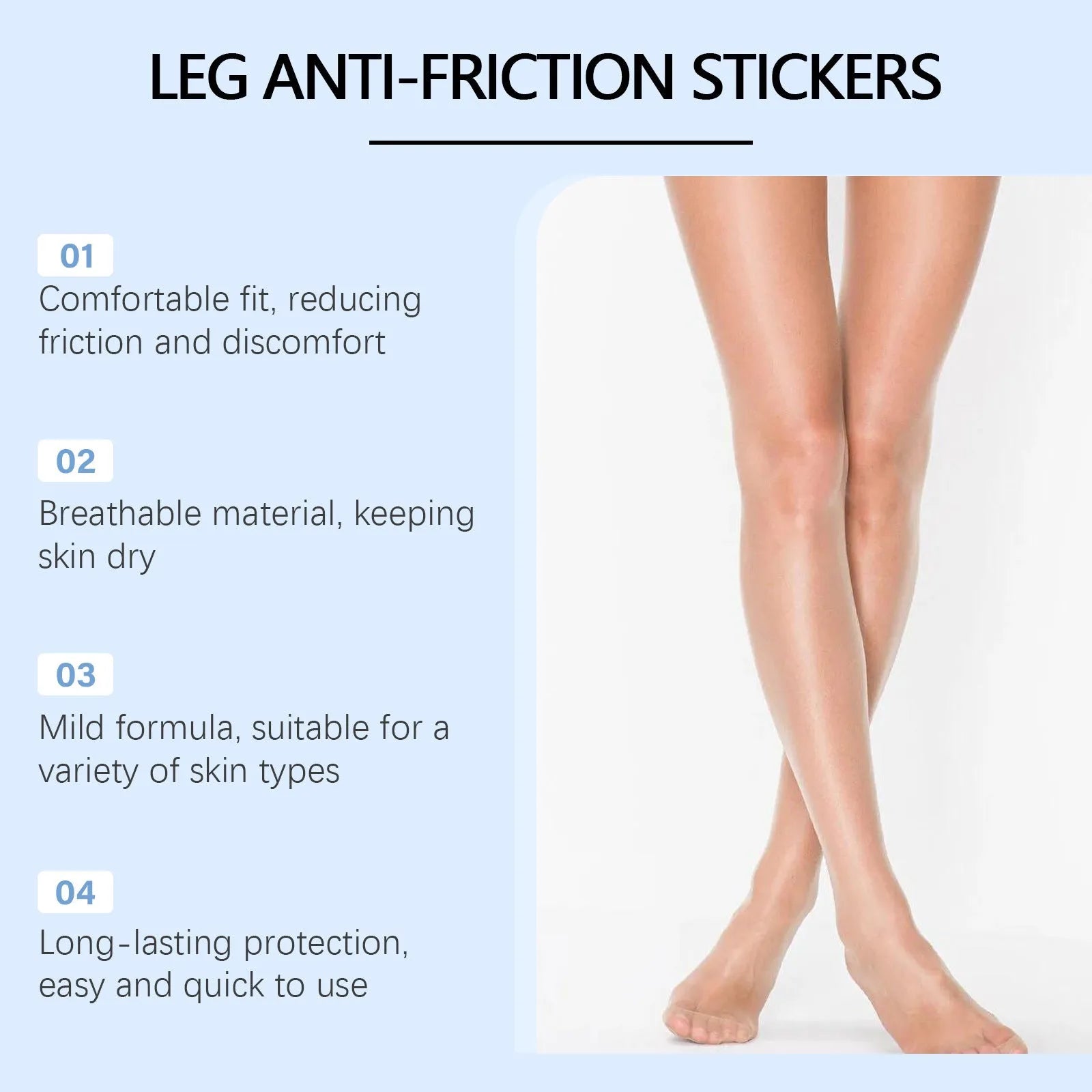 Pack of ten clear leg anti-wear patches on skin, showing gel-like texture for friction protection.