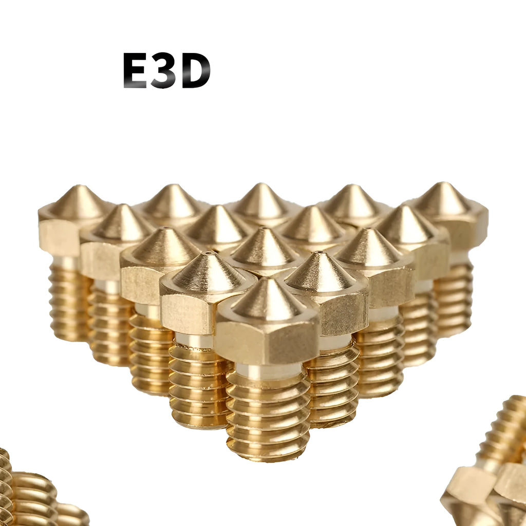 E3D brass 3D printer nozzle with M6 thread showing outlet aperture options