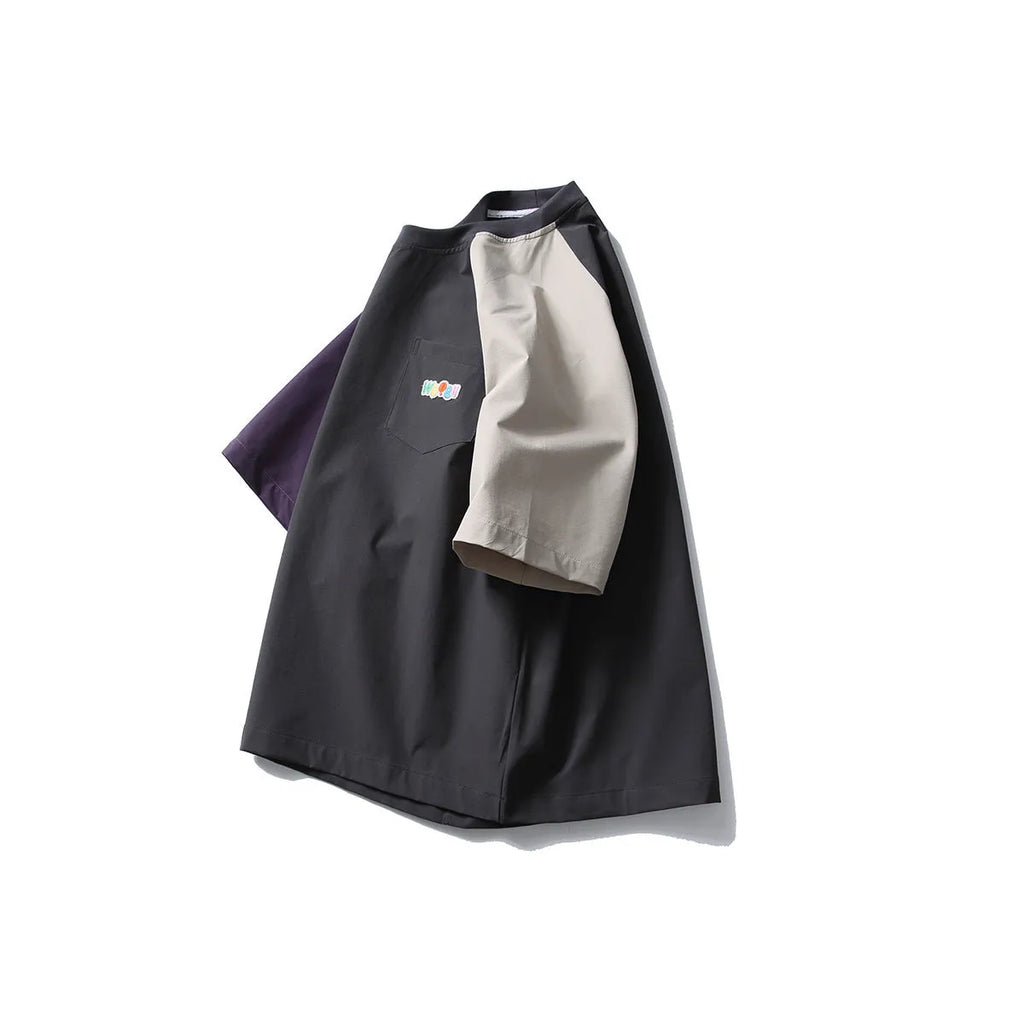 Dark grey men's T-shirt with contrast colour raglan sleeves, loose fit short-sleeved pullover