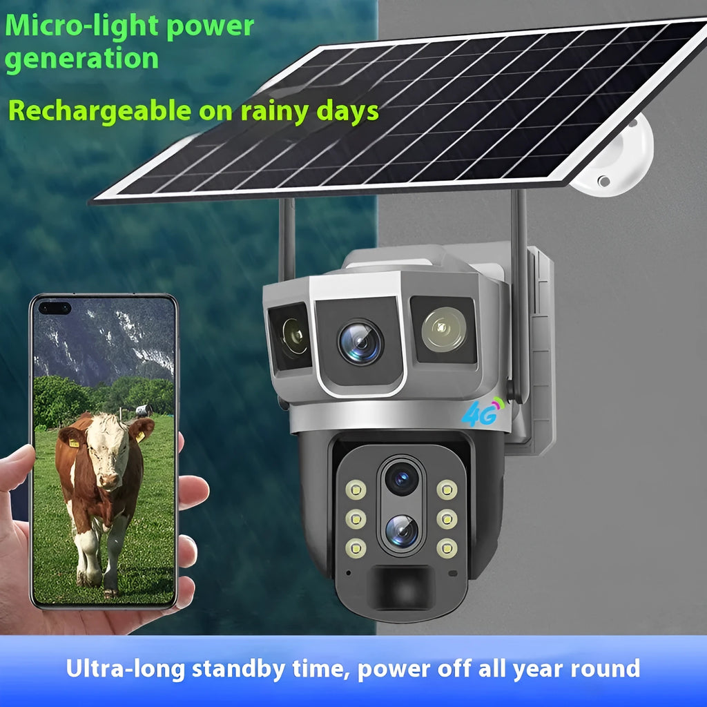 V380 white outdoor 4G security camera with solar panel on a wall mount