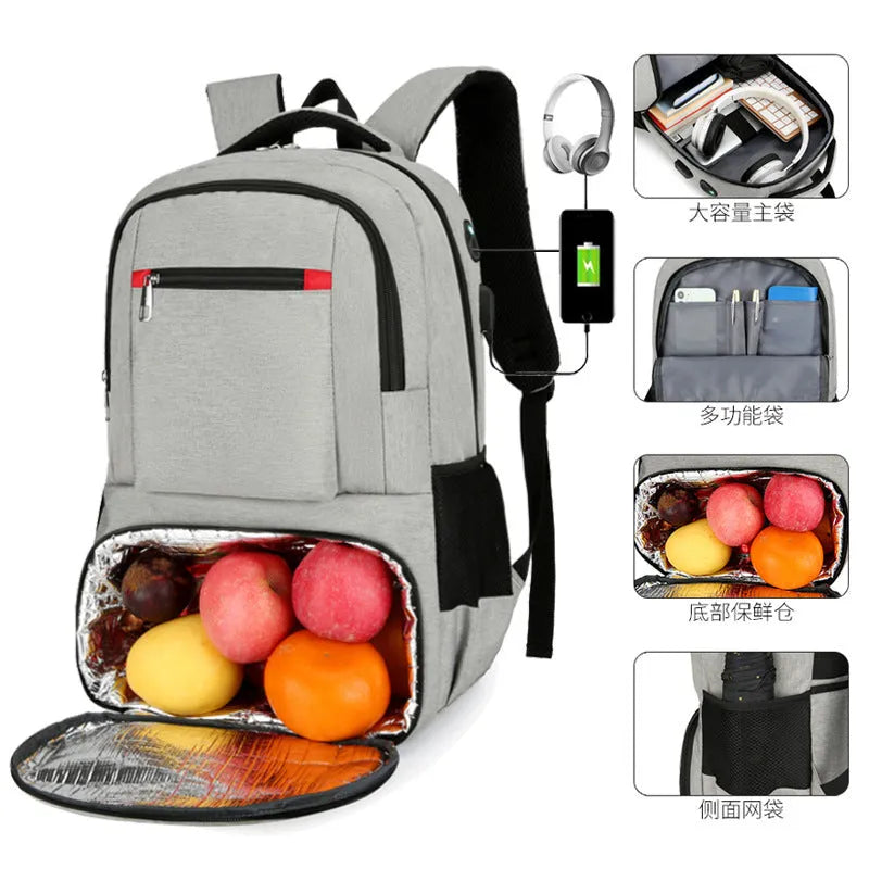 Light grey Oxford cloth insulated backpack with curved shoulder straps and a pull rod belt.