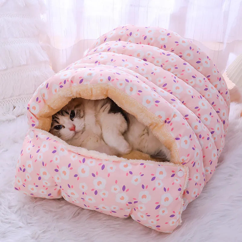 Enclosed winter cat bed with a removable cover shown in a floral pattern, suitable for cage or home use.