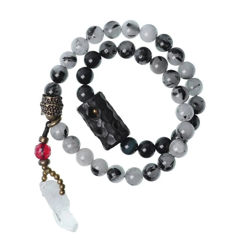 Men's black hair crystal bracelet with white crystal tassel in ethnic design with bending and lacing elements
