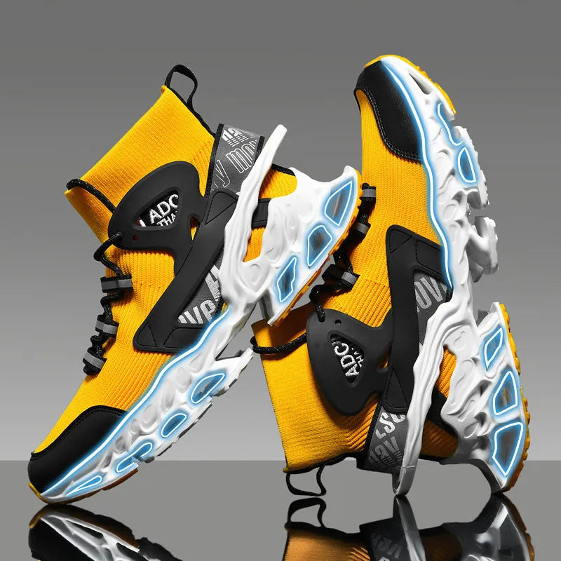 Men's high-top shock-absorbing running mesh sneaker in black with white sole, side view showing mesh upper and shaped heel