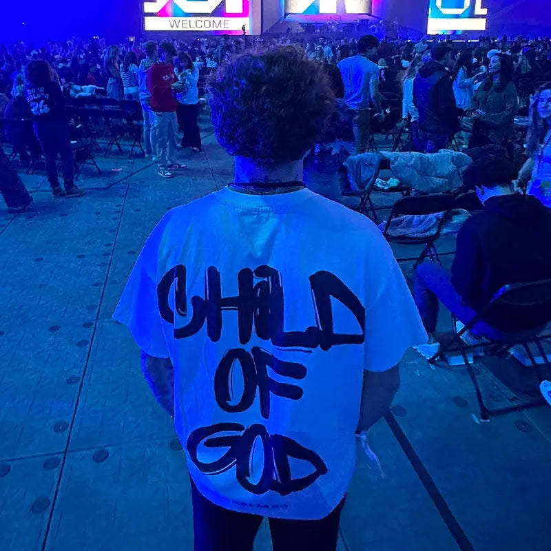 Child Of God print T-shirt in casual style, 100% polyester, round neck, short sleeves, summer top