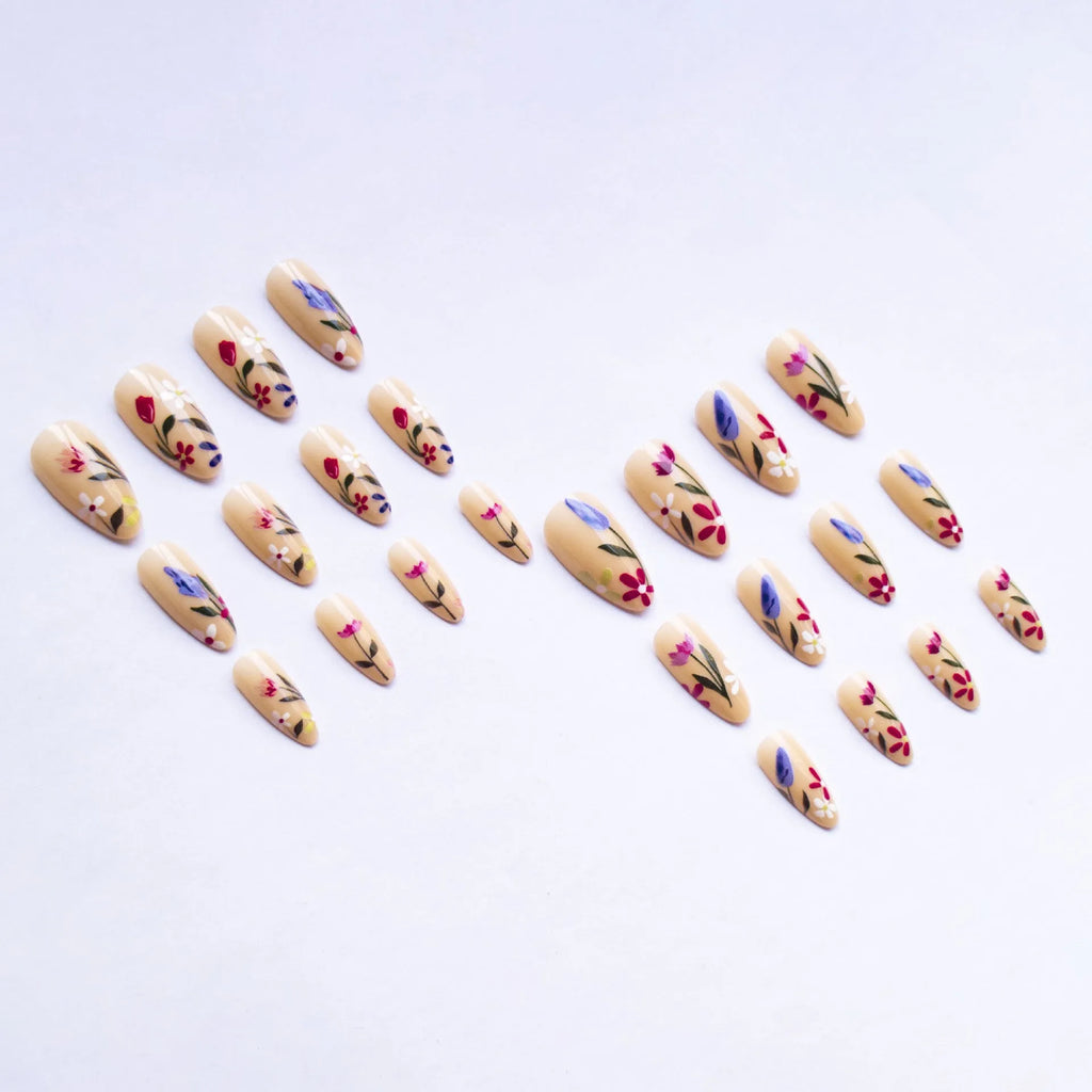 Removable flower pattern nail art set for almond-shaped nails in a rose and tulip design.