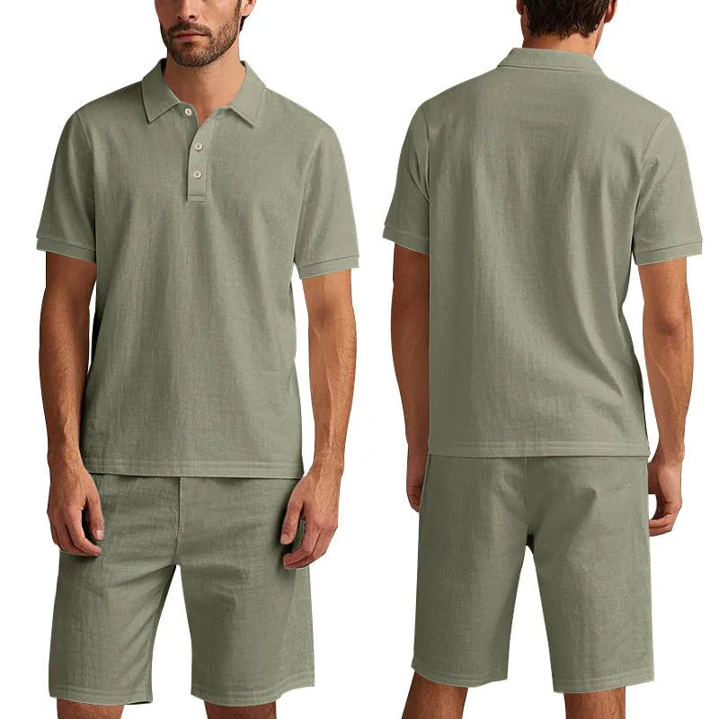 Men's loose casual summer short suit in linen-blend fabric with short sleeves and matching beach shorts