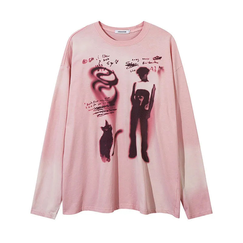 Women's loose cotton pullover top with letter pattern and drop-shoulder sleeves in dark grey