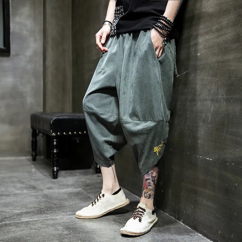 Ice silk harem casual pants for women, loose cropped style, black polyester fibre