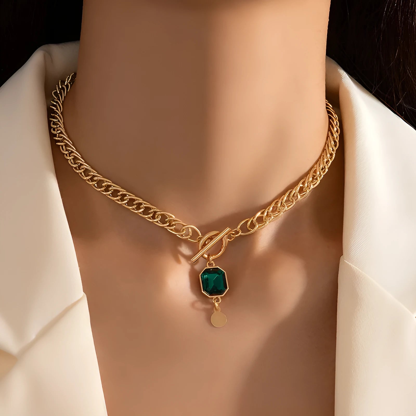 Gold titanium steel necklace with emerald zircon pendant and Cuban link chain