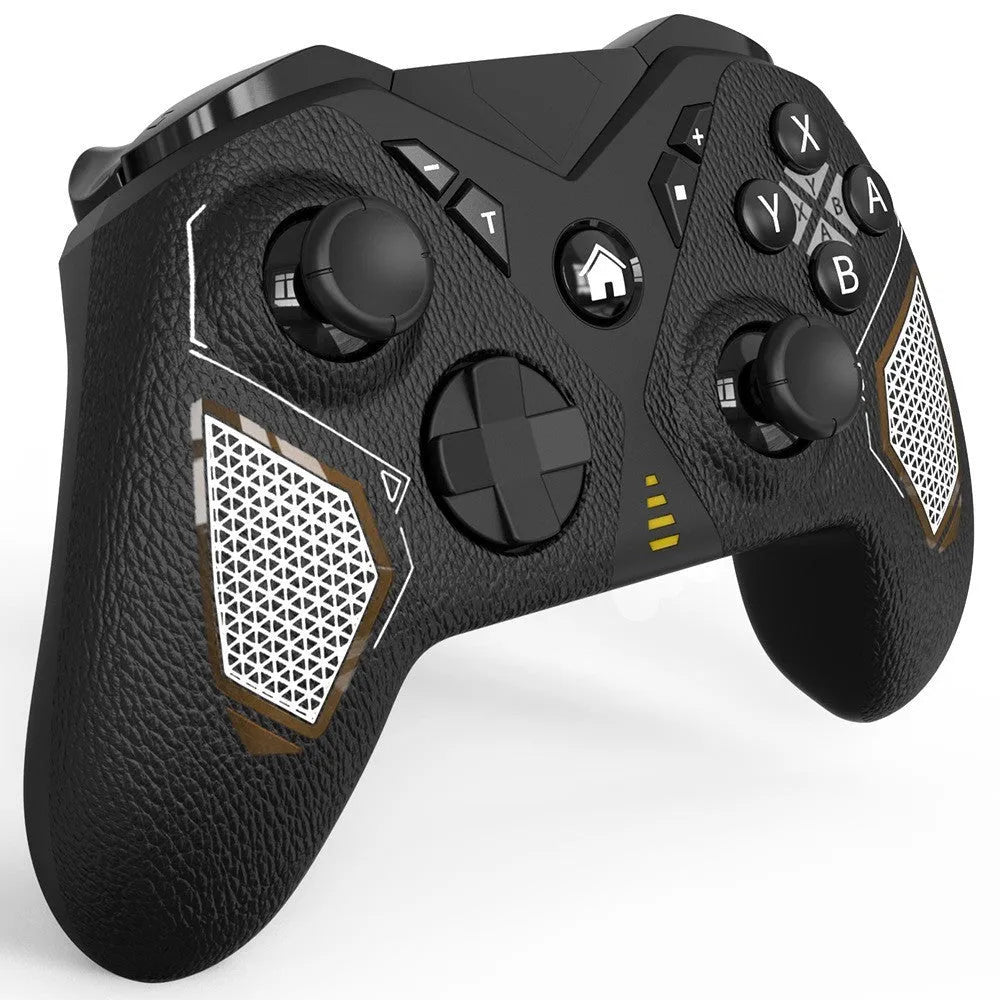 Black wireless game controller with leather-like texture, shown front and back, with Type-C port.