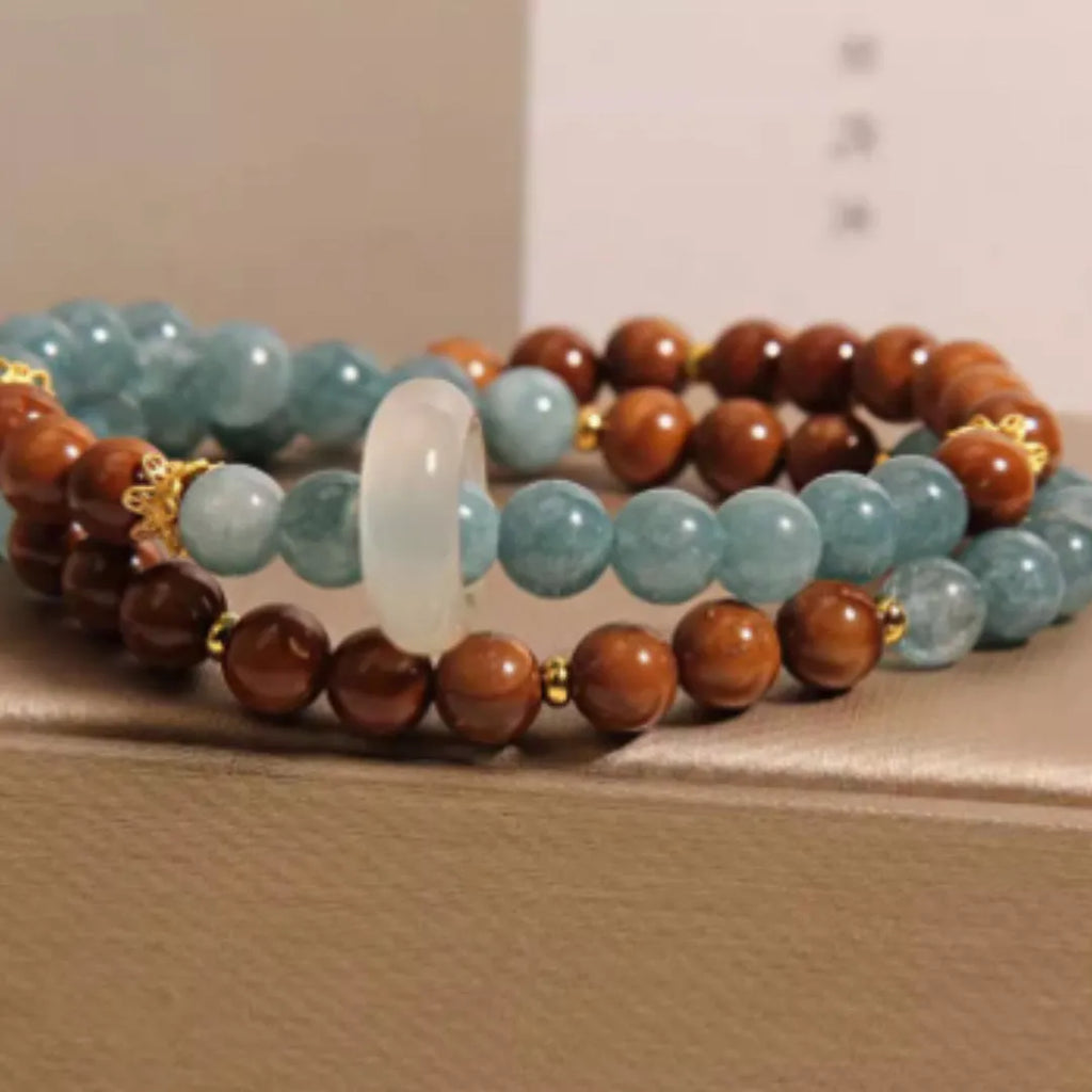 Double ring bracelet for women in cook blue water jade colour with natural crystal semi-precious stone and electroplated geometric round design