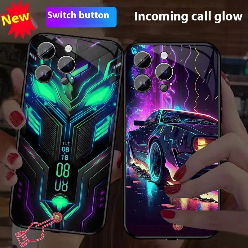 Racing car creative style light glass phone case in green or purple, half pack design for iPhone 11 to 15 series