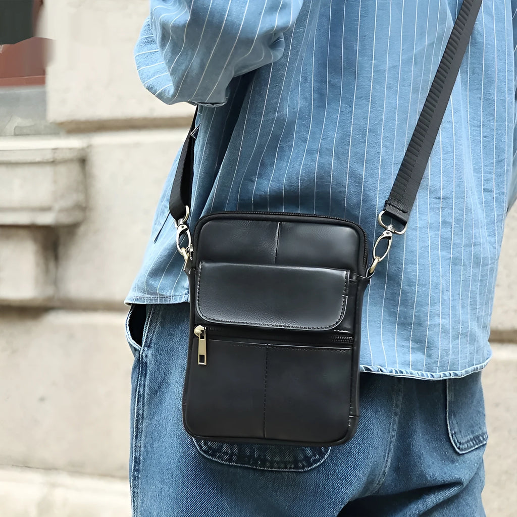 Men's brown genuine leather crossbody shoulder bag with detailed sewing lines