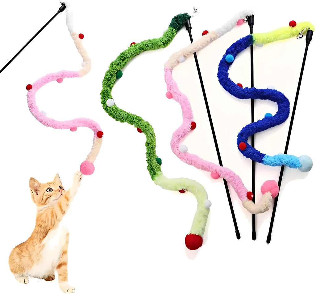 Blue cat wand toy with plush strip and bell measuring 41cm pole with 60cm extension