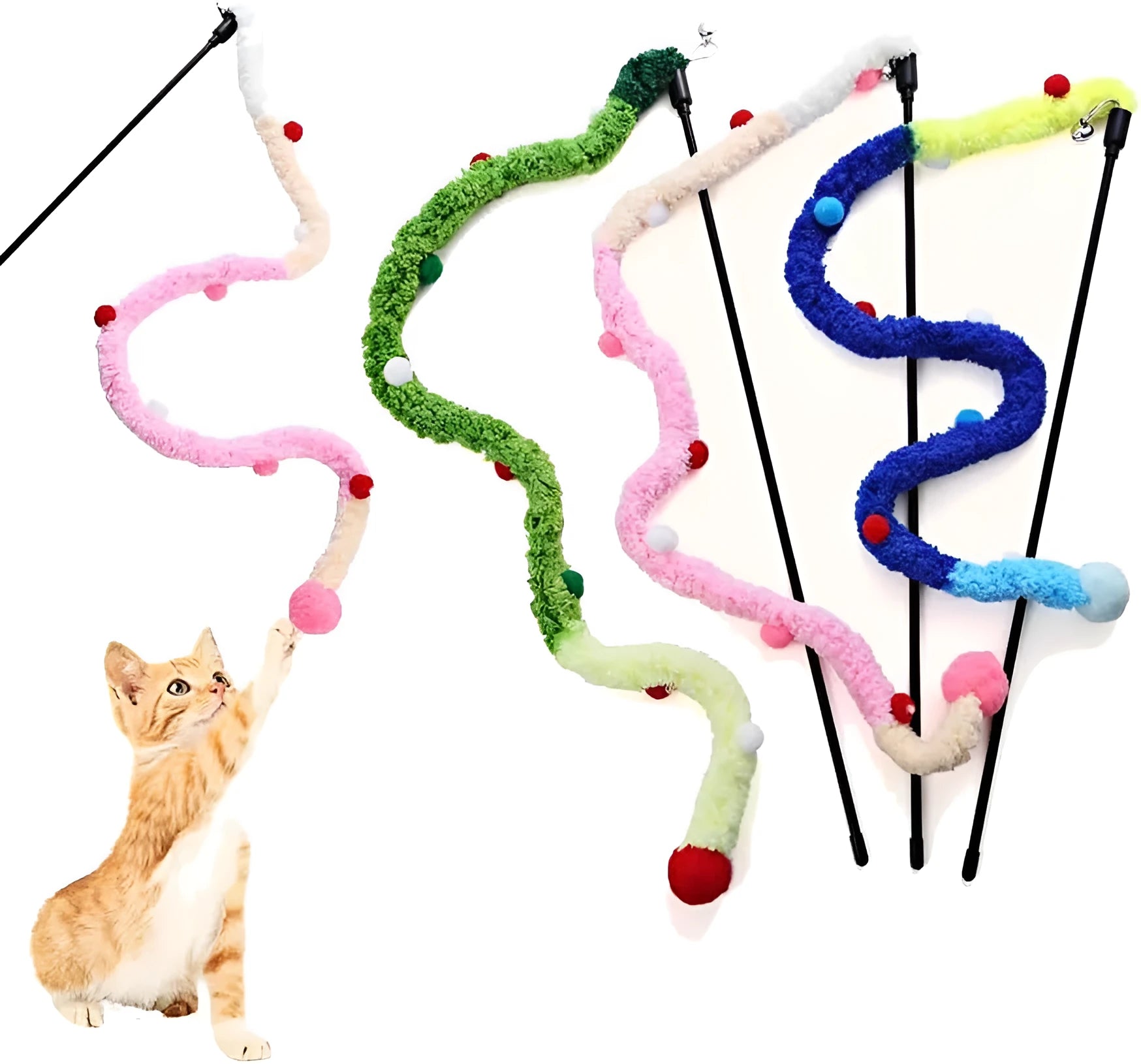 Blue cat wand toy with plush strip and bell measuring 41cm pole with 60cm extension