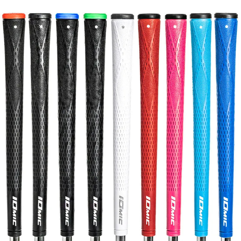 TPE golf club grip in assorted colours including pink, red, and black with blue head on a golf club.