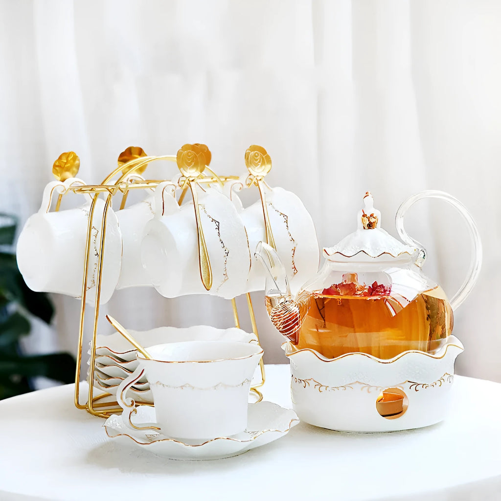Afternoon tea set with 6 ceramic cups and saucers, borosilicate glass teapot, hand-painted gold, and iron frame spoon holder in gift box