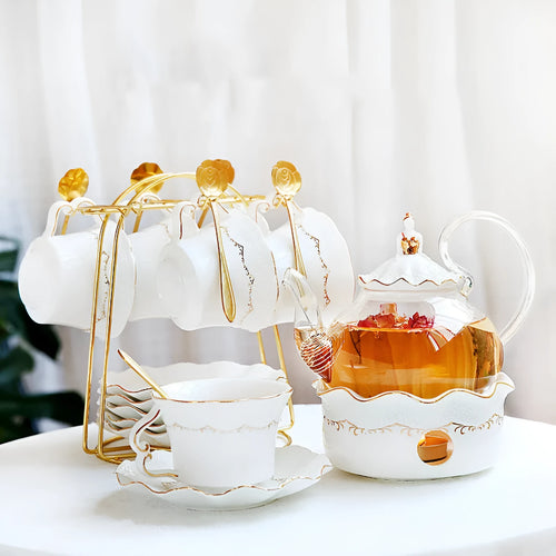 Afternoon tea set with 6 ceramic cups and saucers, borosilicate glass teapot, hand-painted gold, and iron frame spoon holder in gift box