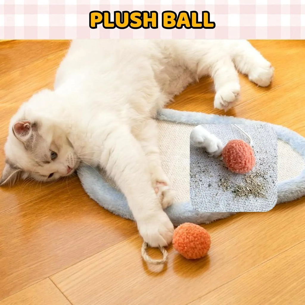 White cat scratching mat with cartoon cat design, made from natural sisal.