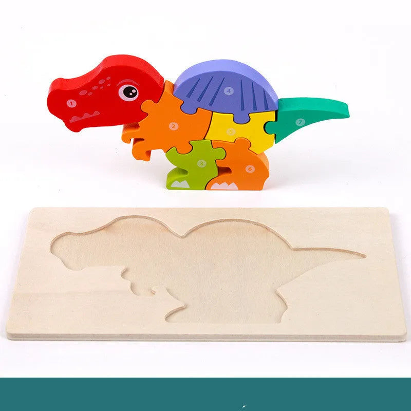 Wooden building blocks for children's 3D dinosaur puzzles including T-Rex and Triceratops