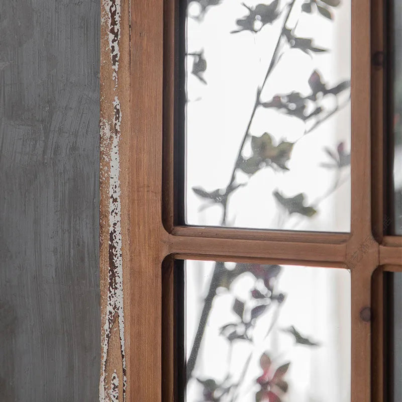 Distressed log colour wooden frame wall mirror with fake window design for terrace decoration