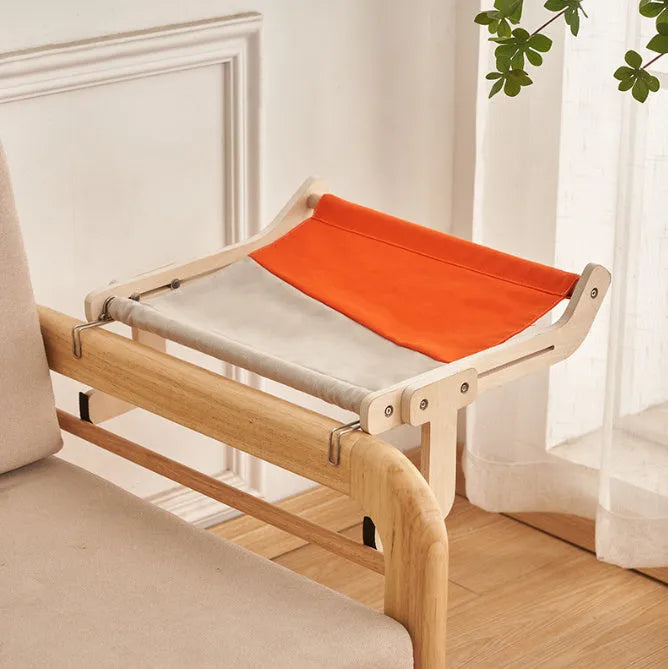Cat hanging bed with wooden frame in grey powder colour, size 470x395x215mm