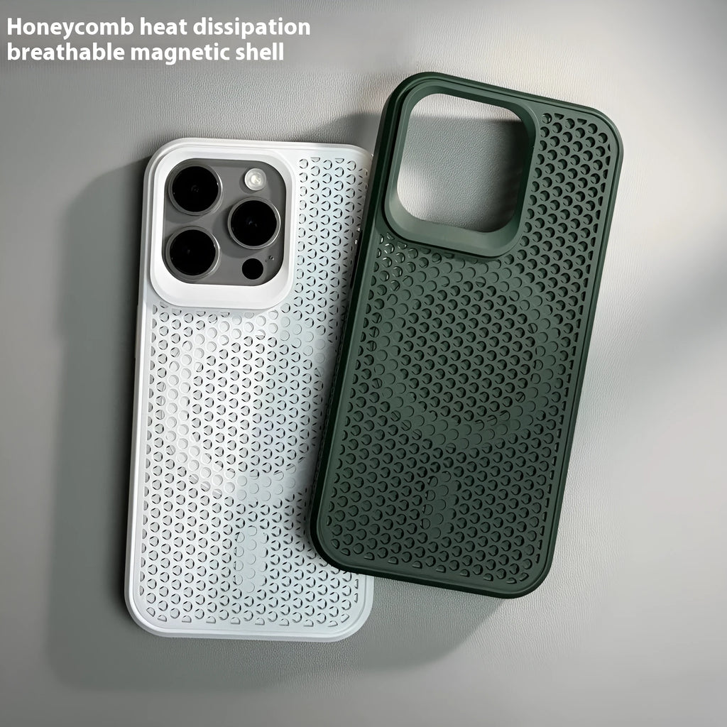 Honeycomb mesh magnetic phone case for iPhone in black, showing heat dissipation design and hard PC shell.