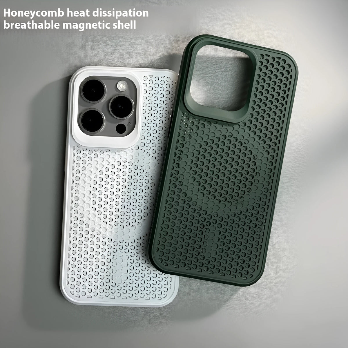 Honeycomb mesh magnetic phone case for iPhone in black, showing heat dissipation design and hard PC shell.