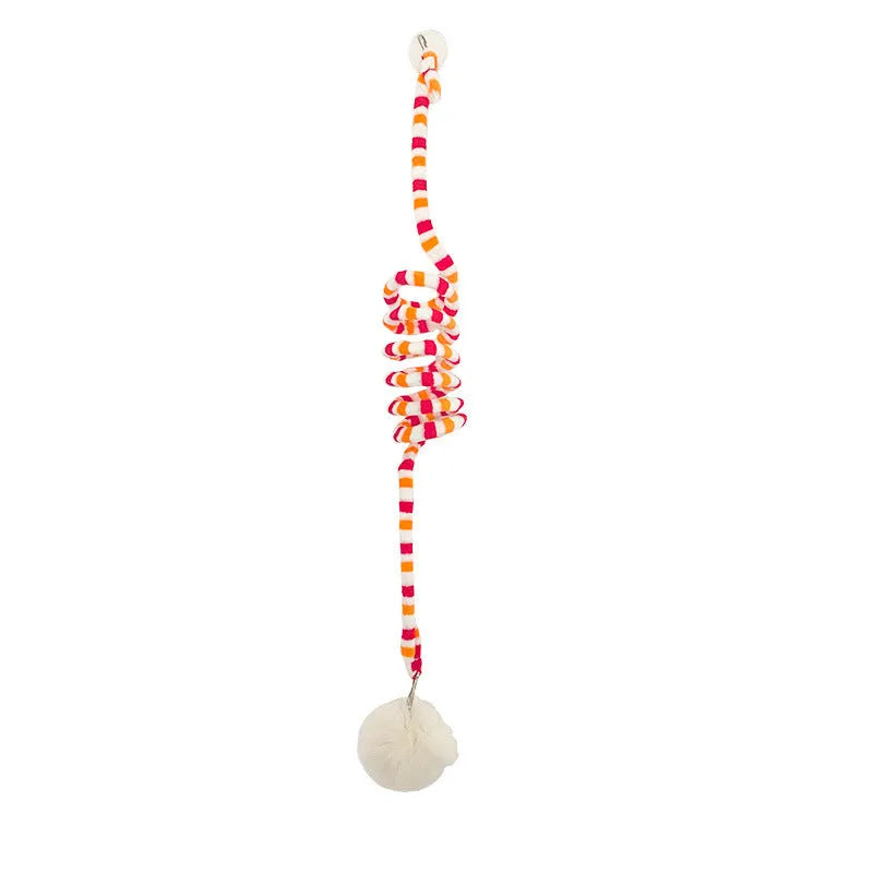 Hanging cat toy with coloured inflatable ball and suction cup attachment for doors and windows