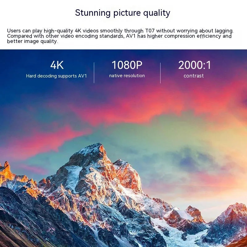 White T07 full HD smart projector with remote control showing 1080p resolution and 320 ANSI lumen brightness