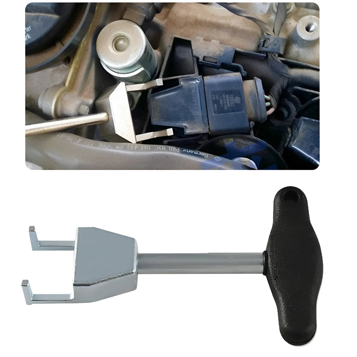 Ignition coil extractor tool with T-shaped plastic handle and carbon steel body in silver black for VW Group petrol engines