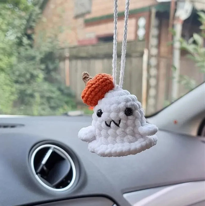 Hand-woven plush automobile hanging ornament with cartoon design for car interior decoration