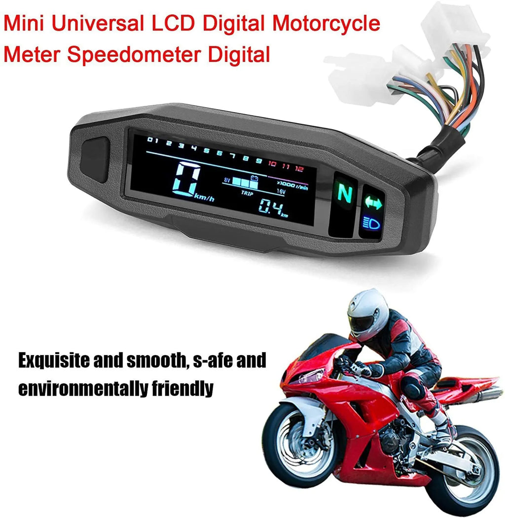 Black mini motorcycle LCD speedometer gauge with digital display showing speed, revs, and fuel level.