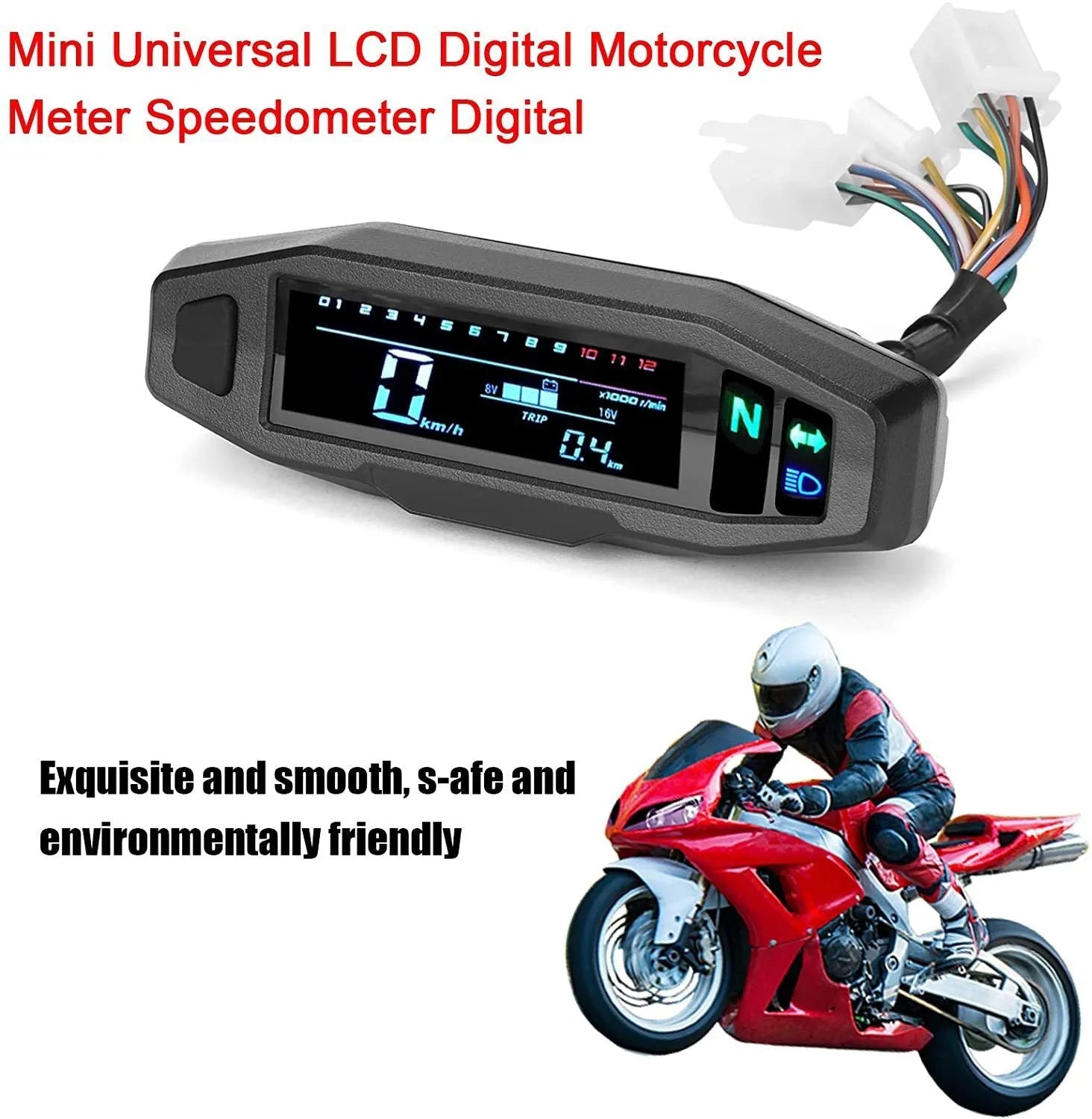 Black mini motorcycle LCD speedometer gauge with digital display showing speed, revs, and fuel level.