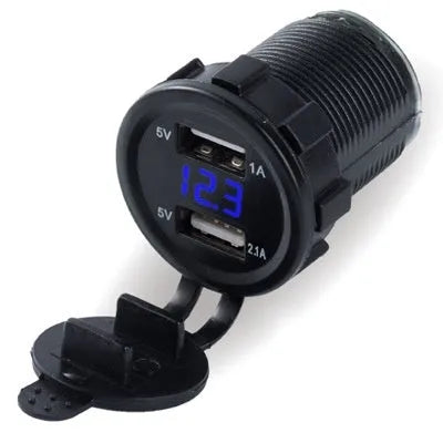 Waterproof motorcycle car charger with USB port and cigarette lighter socket showing LED indicator light