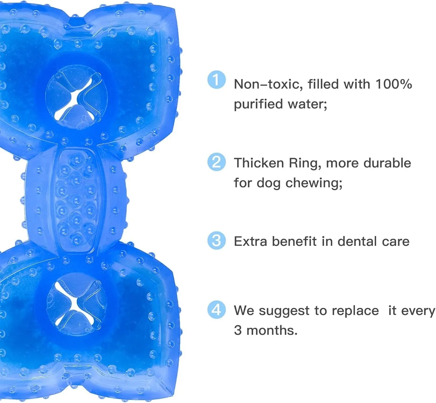 Freezable bone-shaped dog chew toy with a water-filled core for cooling and teething relief.