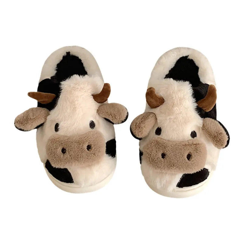 White cow plush slippers with cartoon milk cow pattern and non-slip textured sole