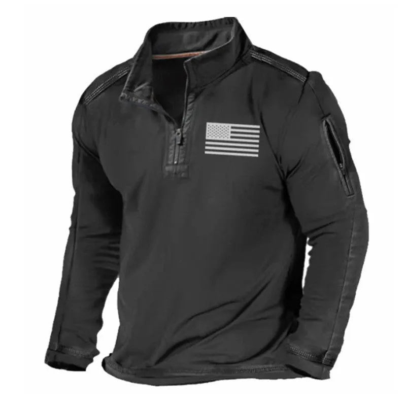 Men's grey zip-up stand collar long-sleeved sports sweater on a hanger