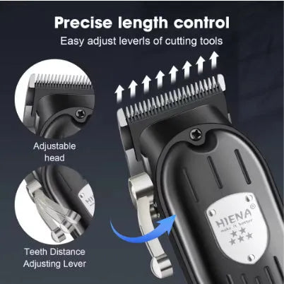 Black professional hair clipper set with LCD display, shown with USB charging cable.