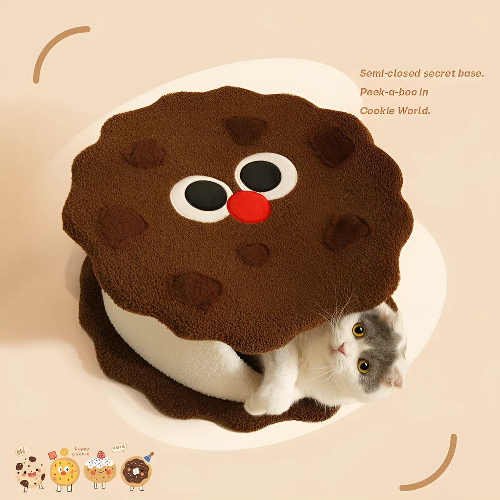 Khaki colour enclosed cat bed shaped like a sandwich cookie for winter sleeping