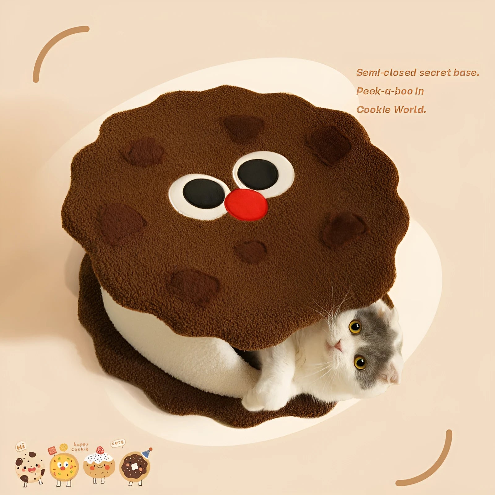 Khaki colour enclosed cat bed shaped like a sandwich cookie for winter sleeping