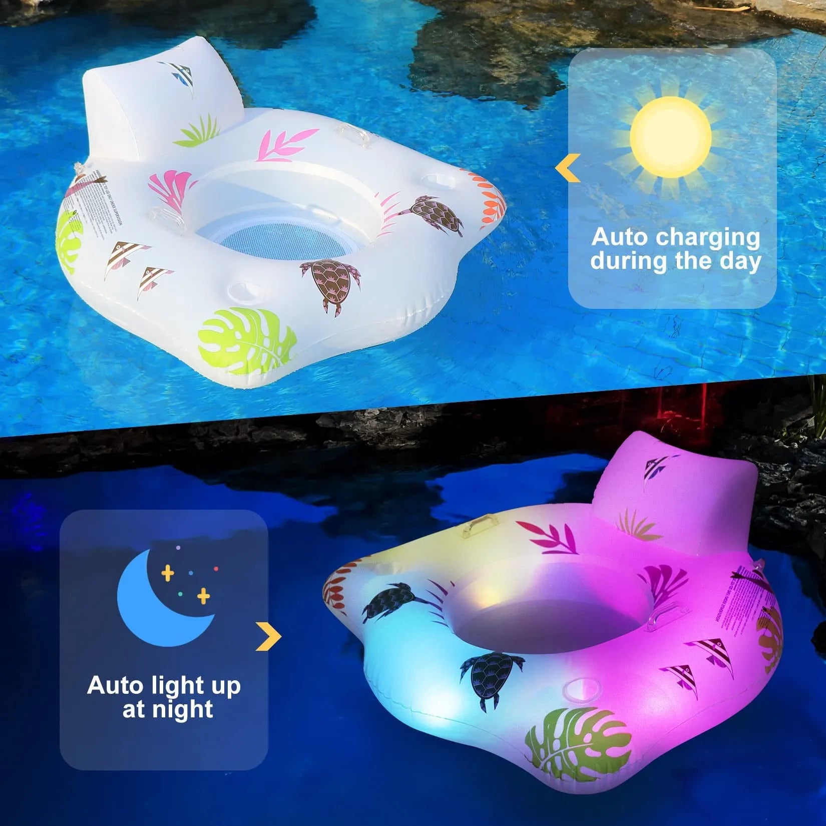 White luminous U-shaped inflatable pool float on water.