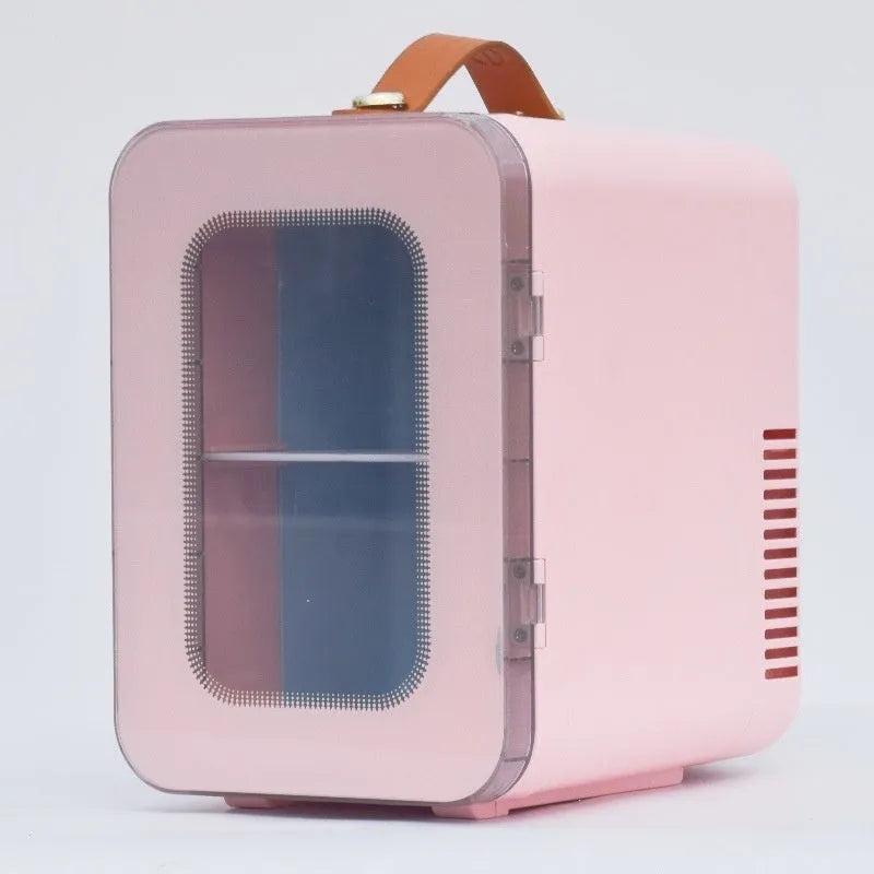 Beauty mini refrigerator with transparent door in pink, black, or white colours for car and home use
