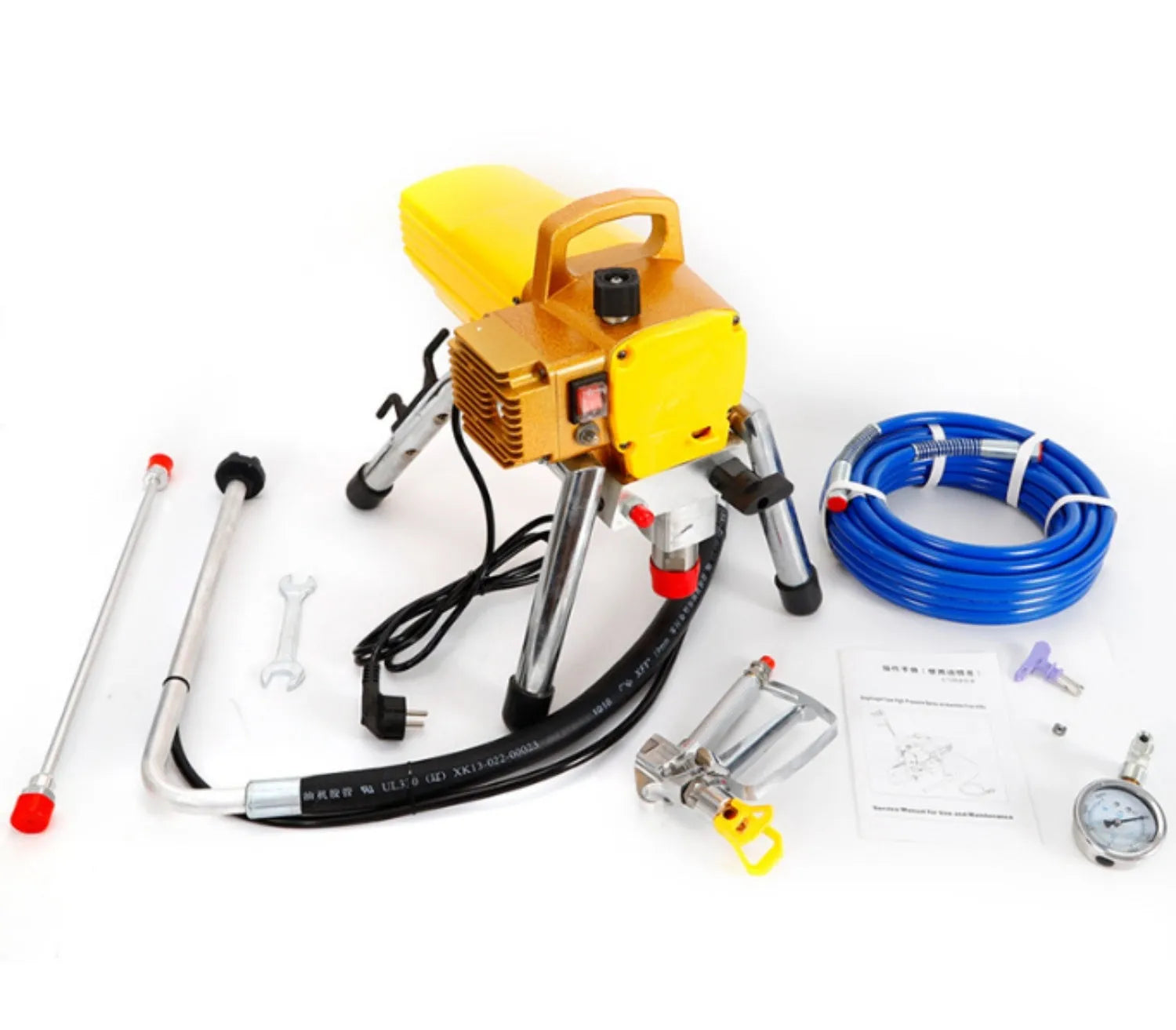 Blue portable electric airless spraying machine with extension rod and spray gun for painting work